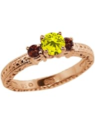 0.79 Ct Round Canary Diamond Red Garnet 18K Rose Gold 3-Stone Ring