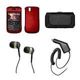 Blackberry Bold 9650 Premium Black Leather Carrying Pouch+Rubberized Red Snap-on Hard Case Cover+Stereo In-ear Headphones+Rapid Car Charger Combo For Blackberry Bold 9650