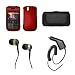 Blackberry Bold 9650 Premium Black Leather Carrying Pouch+Rubberized Red Snap-on Hard Case Cover+Stereo In-ear Headphones+Rapid Car Charger Combo For Blackberry Bold 9650
