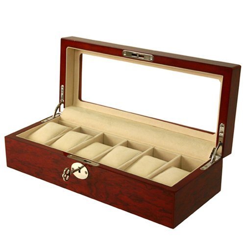 Watch Box Storage Case For 6 Watches Burlwood Finish Display Window Silvertone Hardware on sale