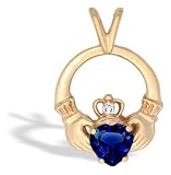 14K Yellow Gold Heart Created Sapphire and Diamond Celtic Claddagh Pendant