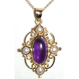 9ct Gold Large Cabouchon Amethyst & Pearl Victorian Style Pendant & 18" Chain Necklace