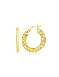 14K Yellow Gold Greek Key Medium Hoop Earrings with Flat Sides