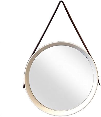 Modern Round Wall Mirror with Brown Strap Hanger in White