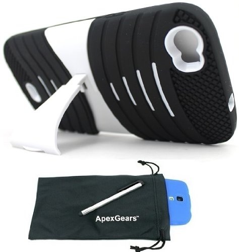 For BLU Life View L110 Rugged Arched Hybrid Kickstand Phone Cover Case with Stylus Pen and ApexGears (TM) Phone Bag (Black White)