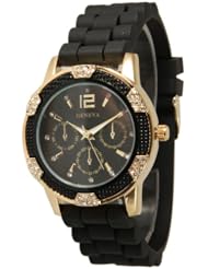 Womens Geneva Black with Gold Chronograph Silicone Rubber Jelly with CZ Crystal Rhinestones Face Bling Bezel