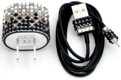 Iphone 5 / 6 / 6 Plus (8 Pin) - Rhinestone Tri Color - Bling Cell Phone Charger /W Cable (Black)
