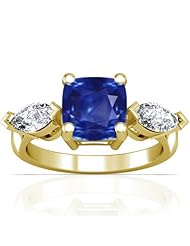 18K Yellow Gold Cushion Cut Blue Sapphire Three Stone Ring