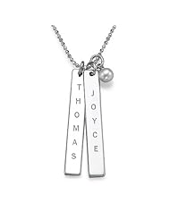 Sterling Silver Engraved Name Tag Necklace with Pearl - Custom Made with 2 Names! Free engraving!