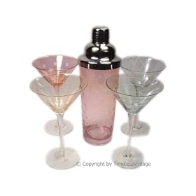 Click here to buy Etched Cocktail Shaker and 4 Glasses by American Chateau.