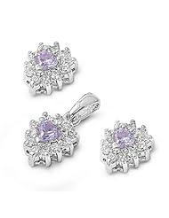 Sterling Silver Wreathed Lavender CZ Pendant with Earrings Jewelry Set with Clear CZ