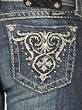 Womens Miss Me Jeans Flourish Floral Design Boot Cut Designer Jeans Light Vintage Wash - Crystal Accents Open Pocket, 28