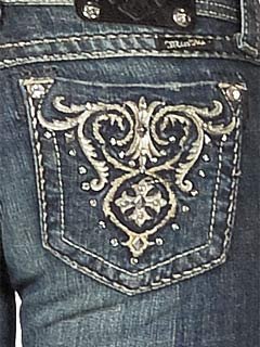 Womens Miss Me Jeans Flourish Floral Design Boot Cut Designer Jeans Light Vintage Wash - Crystal Accents Open Pocket, 28