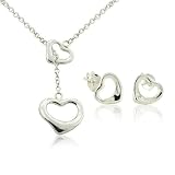 Designer Inspired Elsa Peretti Open Heart Lariat Sterling Silver Necklace & Earrings Set