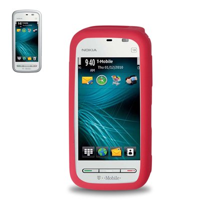 New Fashionable Perfect Fit Soft Silicon Gel Protector Skin Cover (Faceplate/Snap On) Rubber Cell Phone Case with Screen Protector for Nokia Nuron 5230 T-Mobile - Red