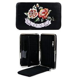 New Designer Inspired Black Roses Love Tatoo Flat Wallet Clutch
