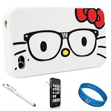 White Nerdy Glasses Hello Kitty Snug Fit Soft Silicone Skin Protector Case for Newest Apple iPhone 4S Latest Generation (16GB, 32GB) iPhone 4th Generation Compatible with AT&T Verizon Sprint iPhone 4S + Clear Screen Protector + White Stylus Pen with Laser Pointer and LED Light + SumacLife TM Wisdom*Courage Wristband