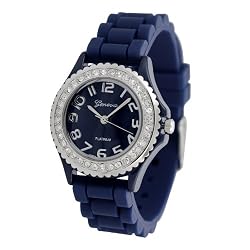 Navy Blue Geneva Silicone Ceramic Style Band Crystal Bezel Women's Watch - S Size