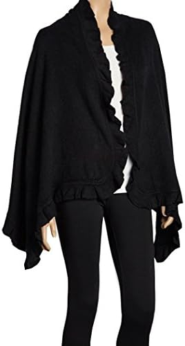 Knit Ruffle Poncho Shawl Cloak Wrap Cape (Black)