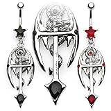 Gothic Cross and Snake Belly Ring with Red Gems - 14G - 3/8" Bar Length - Sold Individually