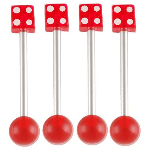 red tongue rings sets dice 14g 14 gauge 1.6mm , 11/16 inches 18mm long - surgical steel bars ear nipple barbell balls with acrylic color lot AIGW - Pierced Body Piercing Jewelry- Set of 4