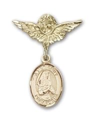 14K Gold Baby Badge with St. Emily de Vialar Charm and Angel with Wings Badge Pin