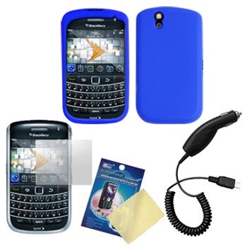 Blue Silicone Case / Skin / Cover, LCD Screen Guard / Protector & Car Charger for BlackBerry Bold 9650