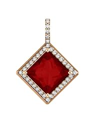 10K Rose Gold 8.00x8.00mm Princess Cut Chatham Created Ruby and Diamond Pendant