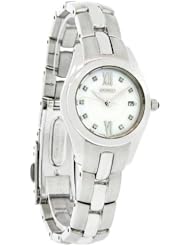 Seiko Womens SXDB85 Silver-Tone White Mother Of Pearl Dial 9 Diamonds Dress Watch