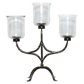 Wrought Iron Large Three Light Candelabra Candleholder With Crackled Glass Shades 27"H 23.5"W