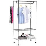 Songmics Heavy Duty Garment Rack with Top and Bottom Shelves 3-Tier Rolling Clothes Rack with Hanger Bar, Black ULGR45P