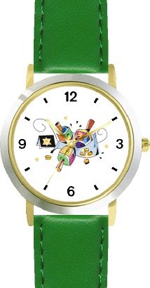 Hanukkah Dreidels & Gelt Judaica Jewish Theme - WATCHBUDDY® DELUXE TWO-TONE THEME WATCH - Arabic Numbers - Green Leather Strap-Size-Large ( Men