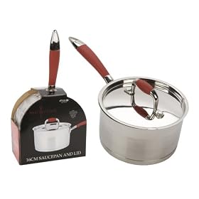 Ethos Hells Kitchen Saucepan with Lid, Stainless Steel Red Handles,  16 cm