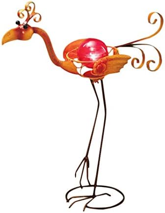 Metal Strutting Flamingo with Glowing Orb Garden Yard Art 24" Tall