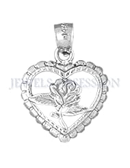 Rhodium-Plated 925 Sterling Silver Heart With Rose Pendant