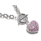 Pink Ice Crystal Heart Ball Charm Necklace with Toggle Chain