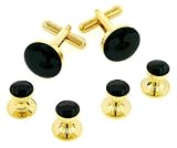 Discreet sized gold plated round cufflinks and shirt set set with black enamel accent. Made in the USA