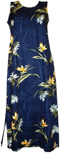 Long Tank Dress - Bamboo Paradise A Line Keyhole Back Hawaiian Aloha Side Slits Pullover Herringbone Rayon Dress in Navy Blue - L