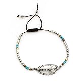 Beaded Stretch Bracelet Set; Black Draw String; Silver, Turquoise and gold Beads; Clear Rhinestones Peace Sign;