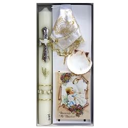 Boy's Baptismal Gift Set in English with Missal, Rosary, 2x12" Large Sculpture Candle, Handkerchief, and Shell
