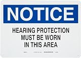 Brady 25491 10 Height, 14 Width, B-401 Plastic Blue And Black On White Color Ear Protection Sign, Legend Notice Hearing Protection Must Be Worn In This Area
