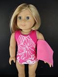 Pink One Piece Swim Suit in Pink with White Floral Design Complete with Towel and Swim Cap Designed for 18 Inch Doll Like the American Girl Dolls