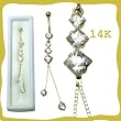 14k Gold Belly Ring 3 Stone Design with Clear CZ / Dangle - Sold Individually