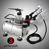 3 Airbrush Kit w/ PRO Air Compressor, Filter, 6'ft Hose, Brush Holder, Dual-Action Spray Set
