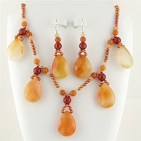 Faceted Carnelian Agate Briolette and Copper Freshwater Pearl Necklace Earrings ne1073