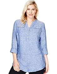 Plus Pure Linen Open Neck Collar Shirt