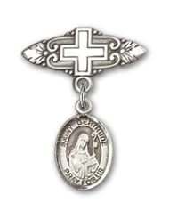 Sterling Silver Baby Badge with St. Gertrude of Nivelles Charm and Badge Pin with Cross