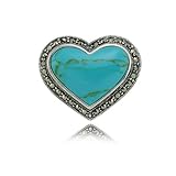 Sterling Silver Marcasite Synthetic Turquoise Heart Pin