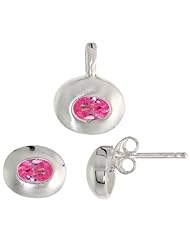 Sterling Silver Matte-finish Oval-shaped Earrings (7mm tall) & Pendant (13mm tall) Set, w/ Oval Cut Pink Tourmaline-colored CZ Stones