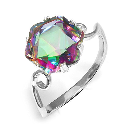 Jewelrypalace Women's 3.2ct Chessboard Cut Natural Mystic Rainbow Topaz 925 Sterling Silver Ring